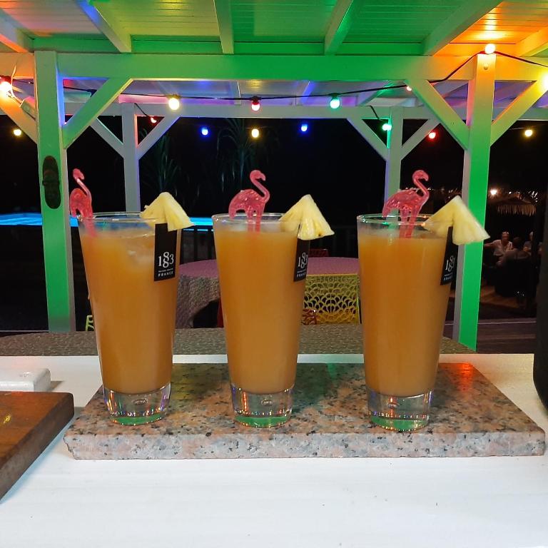 a group of three drinks sitting on a table at Les Gîtes de la Lézarde in Petit-Bourg