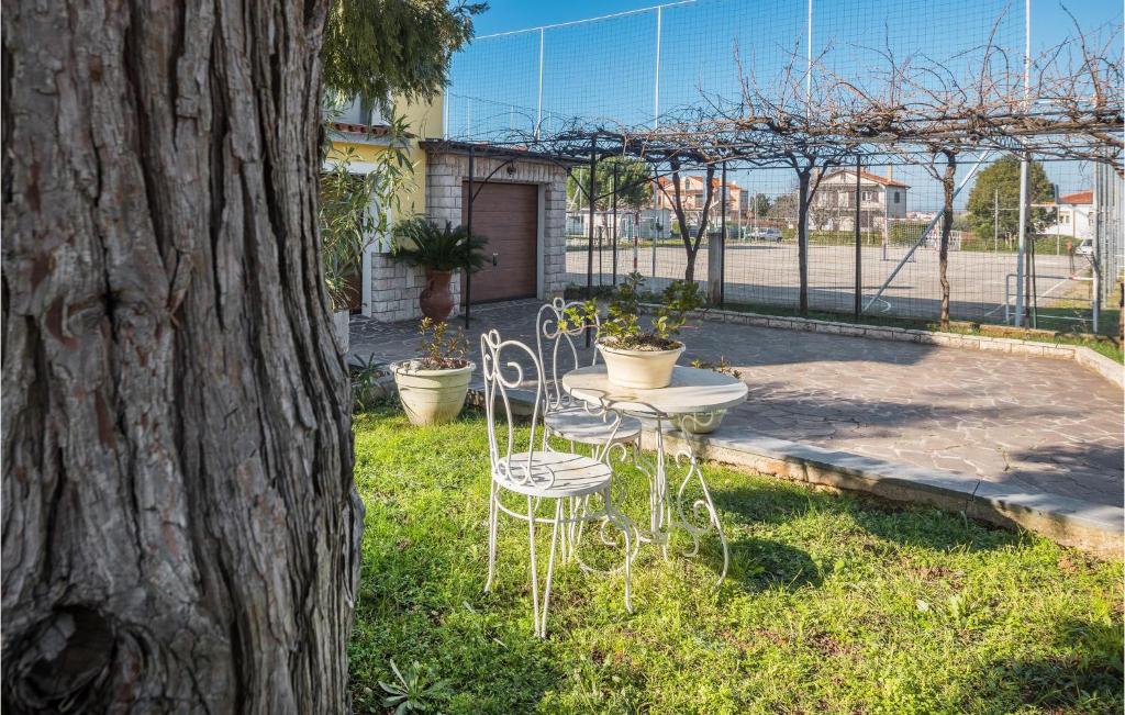 une table et des chaises dans l'herbe à côté d'un arbre dans l'établissement Lovely Apartment In Finida With Wifi, à Petrovija