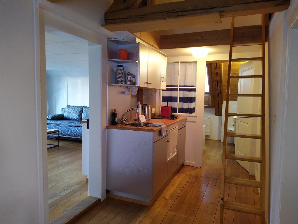 una cucina con lavandino e piano di lavoro di Gasthaus Meinradsberg a Einsiedeln