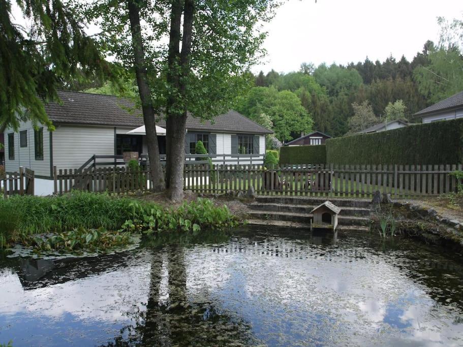 a pond in front of a house with a fence at Chalet Balthazar in Durbuy