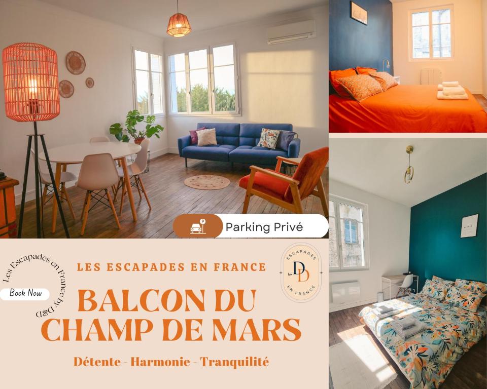 een collage van foto's van een slaapkamer en een woonkamer bij Balcon du Champ de Mars - Wifi / Parking in Angoulême