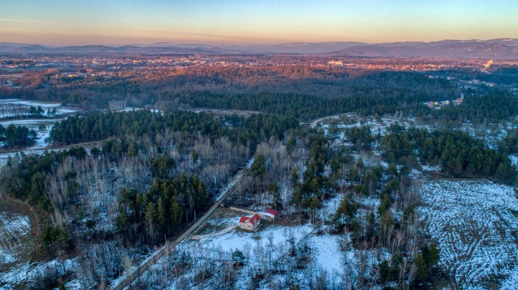 an aerial view of a forest with snow at Apartman Vedro Polje in Gospić