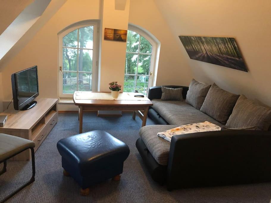 uma sala de estar com um sofá e uma mesa em Penthouse Bernd im Waldschlösschen direkt am See em Wendisch Rietz