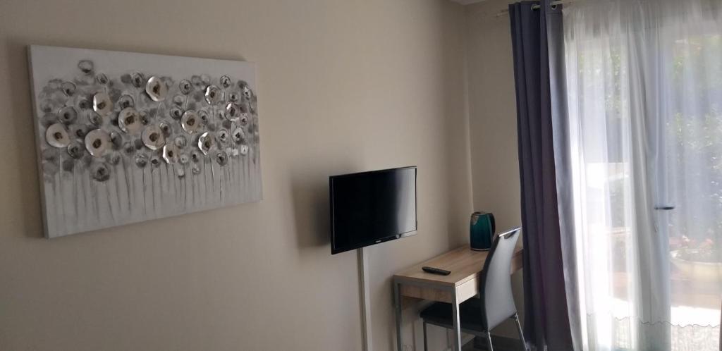 Televízia a/alebo spoločenská miestnosť v ubytovaní Chez Reinette