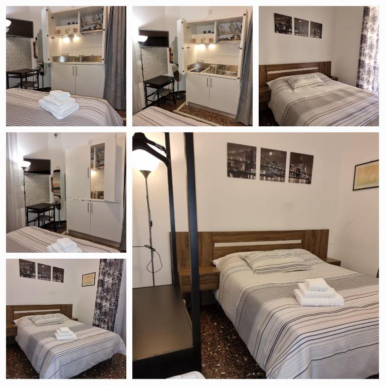a collage of photos of a bedroom with two beds and a mirror at Affittacamere House LeoMar di Sara in Genoa