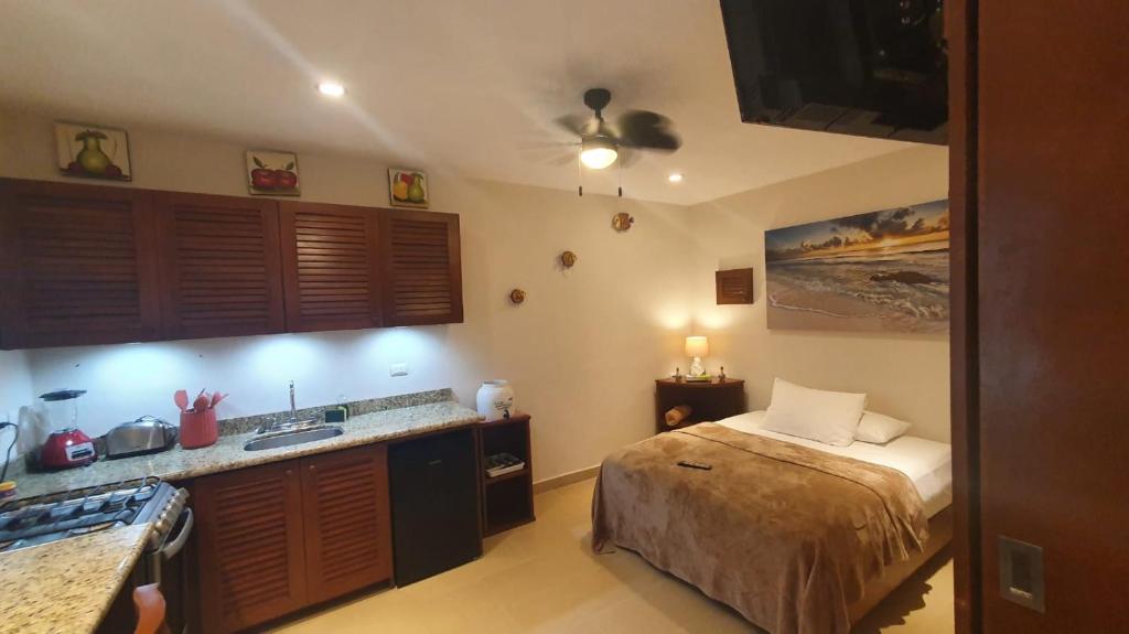 a kitchen with a bed and a sink in a room at Coralito Malecon Luxury Studio in Isla Mujeres