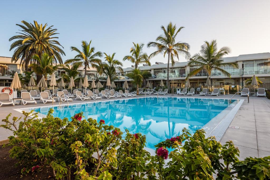 una piscina en un complejo con sillas y palmeras en Apartamentos Las Buganvillas Adults Only, en Puerto Rico de Gran Canaria