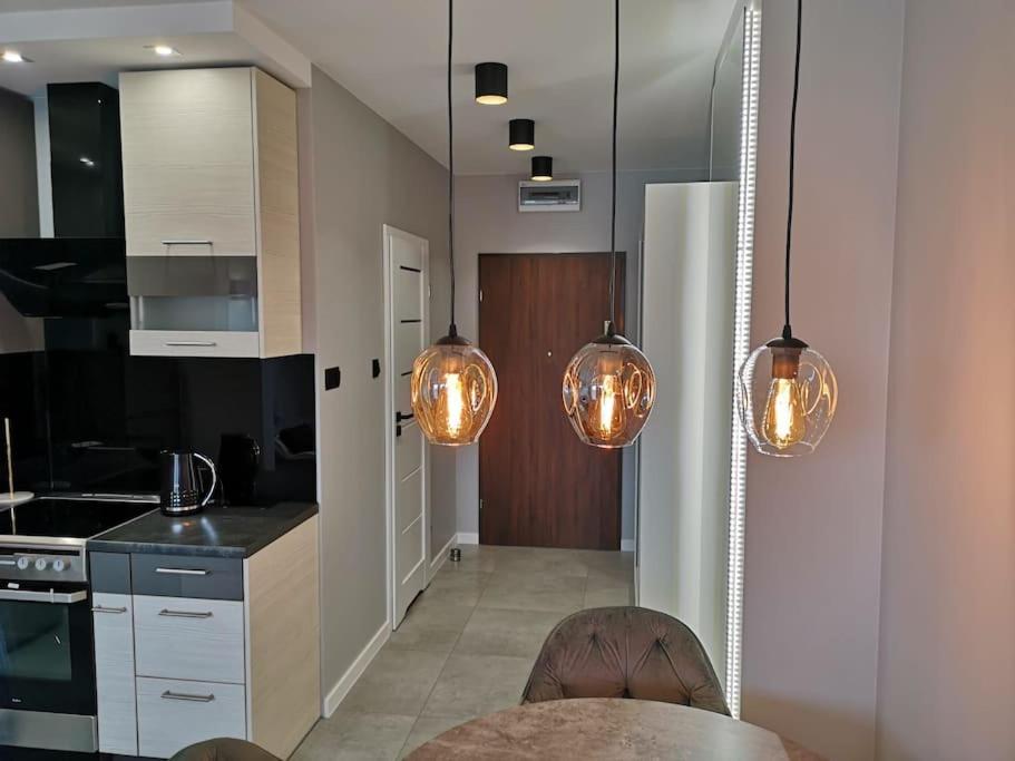 Dapur atau dapur kecil di Apartament GREY Świnoujście bezpłatny parking