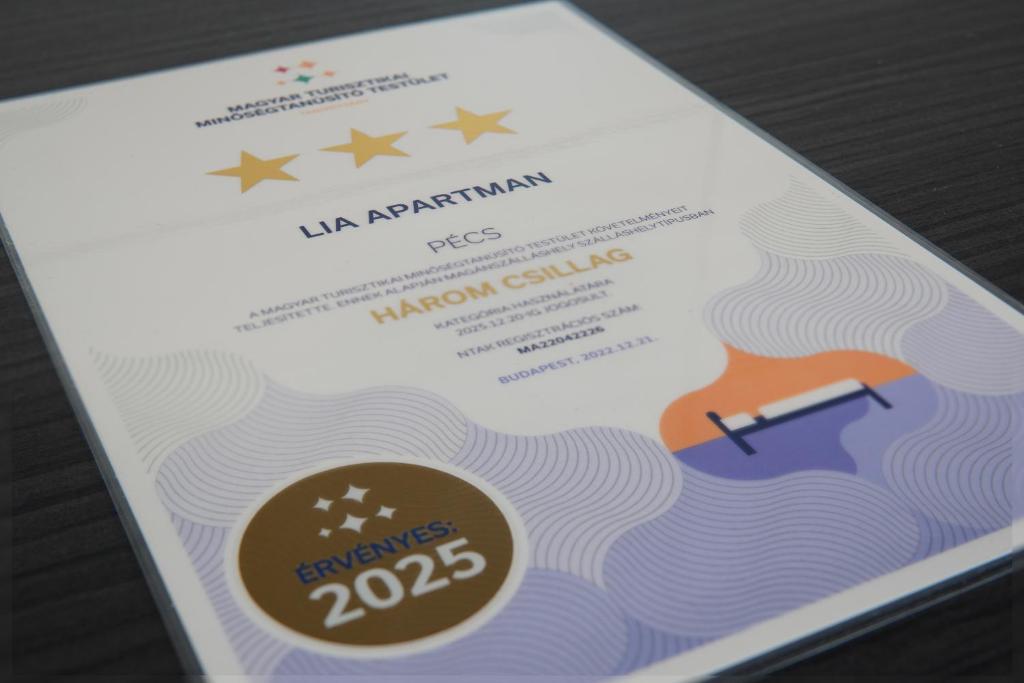 Certifikát, ocenenie alebo iný dokument vystavený v ubytovaní Lia Apartman Pécs