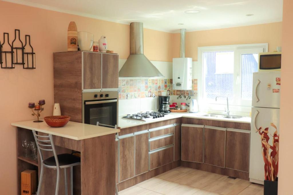 a kitchen with wooden cabinets and a white refrigerator at Dptos Aloha in Ushuaia