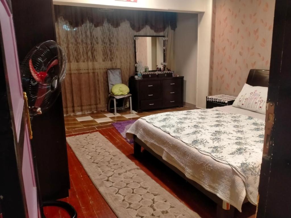 Schlafzimmer mit einem Bett, einer Kommode und einem Spiegel in der Unterkunft ٢٨٠ شارع الملك فيصل الرئيسي برج النور in Kairo