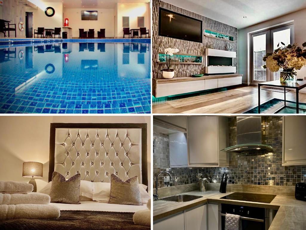 a collage of four pictures of a swimming pool at Sandpearl Suite Apartments in Lytham St Annes
