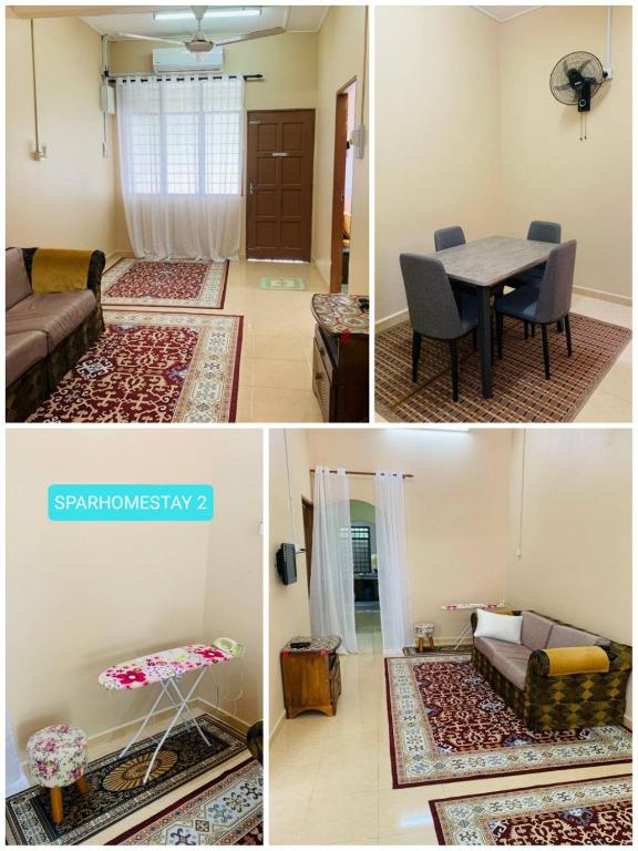three pictures of a living room and a dining room at Spar Homestay 2 in Kota Bharu