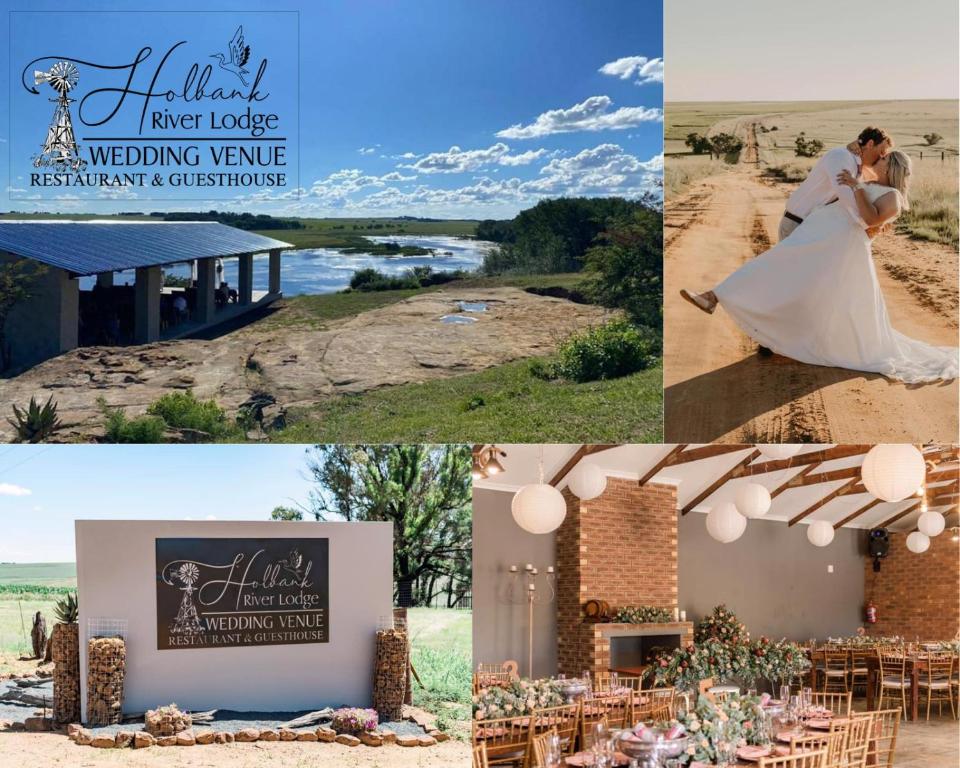 a collage of pictures of a bride and groom at their wedding venue at Holbank River Lodge in Ermelo