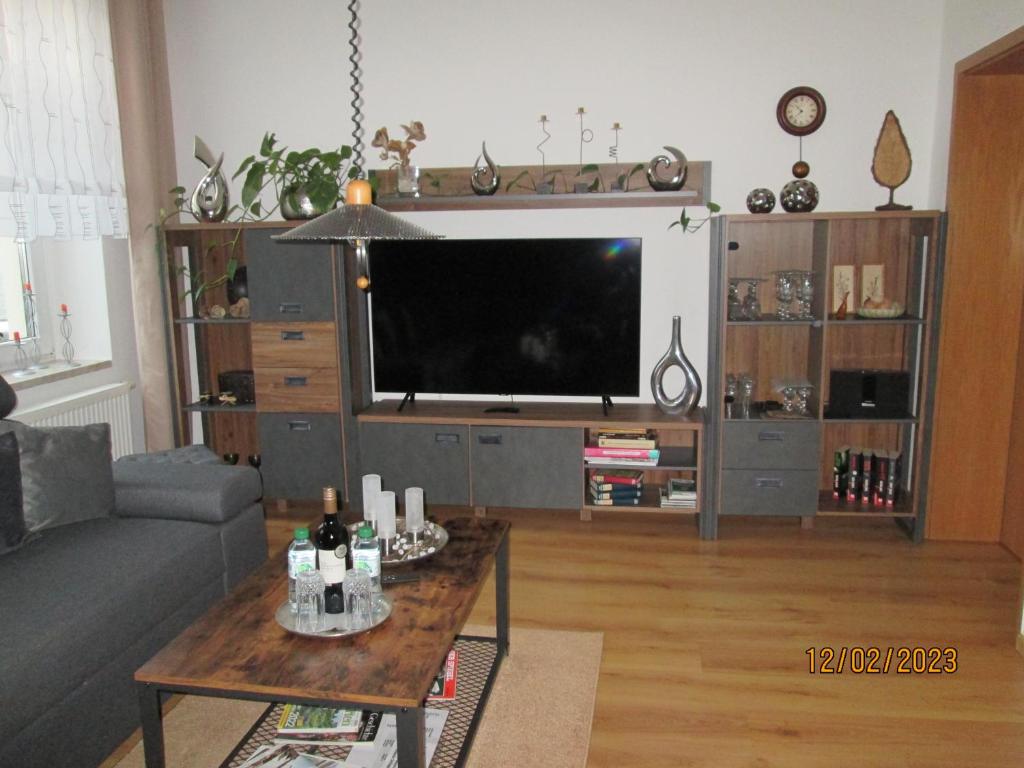 a living room with a couch and a tv at Zentrale-ruhige Ferienwohnung in Reichenbach im Vogtland