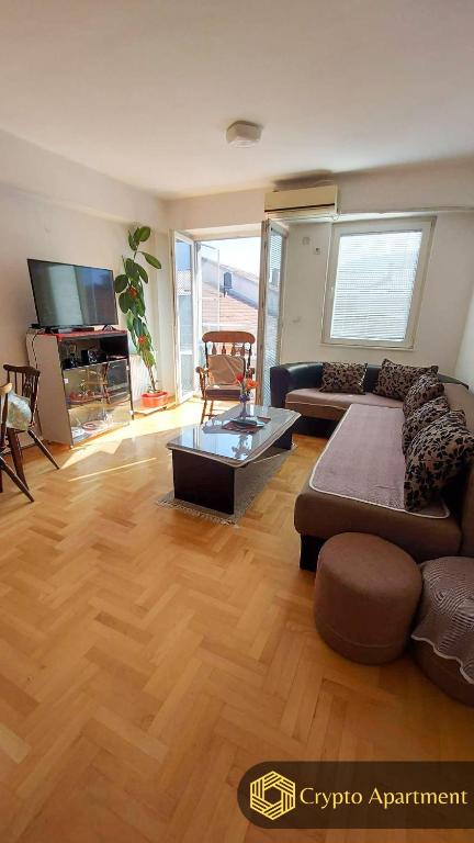 - un salon avec un canapé et une table dans l'établissement Crypto Apartment, à Skopje