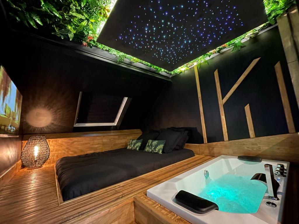 um quarto com uma cama e uma banheira em Need'Amour - Suite chaleureuse em Pontault-Combault