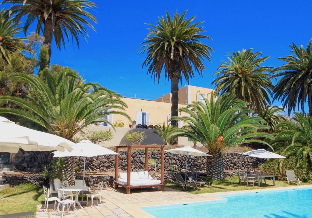 ośrodek z palmami i basenem w obiekcie Detached Villa with Garden, Heated and Private Pool, Sea View, Parking Free w mieście Tijoco de Abajo