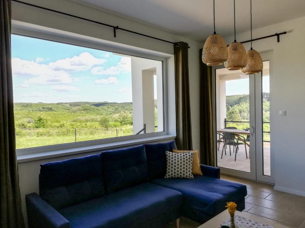 - un salon avec un canapé bleu et une grande fenêtre dans l'établissement Zöld Terasz Vendégház, à Egerszalók