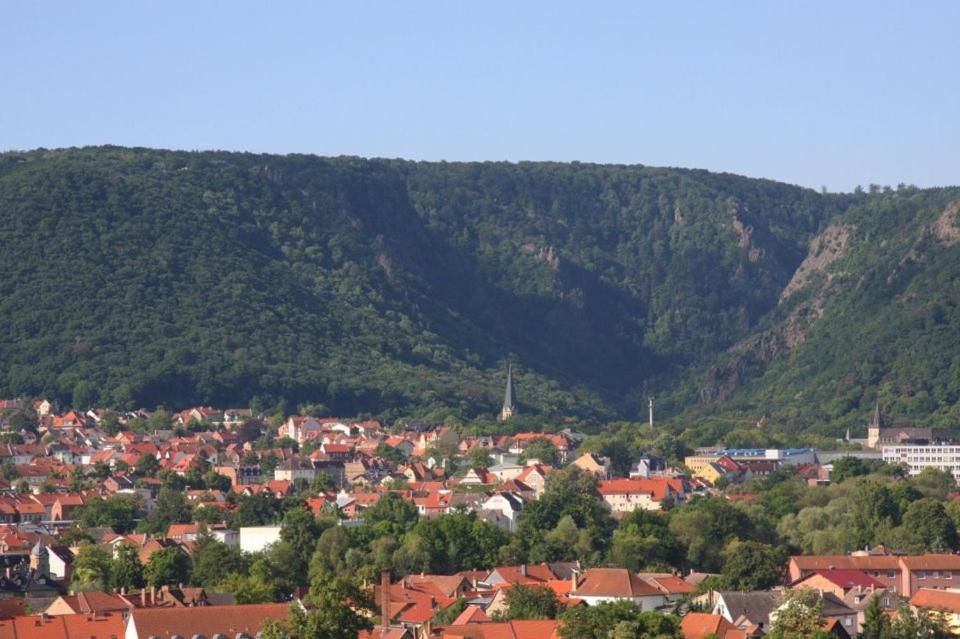 eine kleine Stadt vor einem Berg in der Unterkunft Ferienwohnung Böhnstedt in Thale