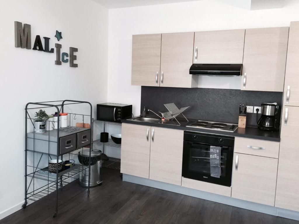 uma cozinha com armários brancos e um forno de fogão preto em AppartsHotels'De Ville em Bourg-lès-Valence