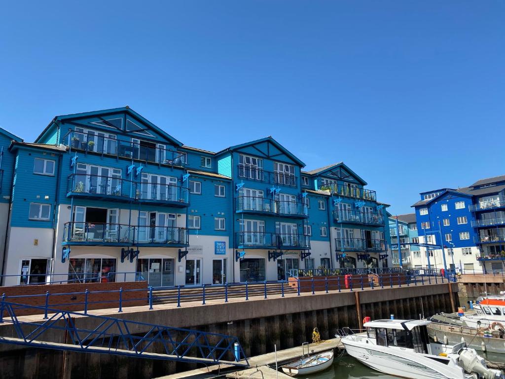 埃克斯茅斯的住宿－Rest Ashored，一群蓝色的建筑,在水中划船