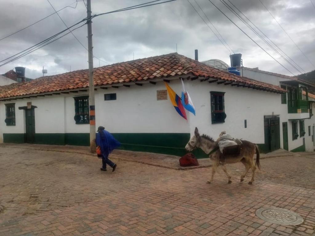 eine Person, die vor einem Gebäude ein Pferd läuft in der Unterkunft Hospedaje La Lomita in Monguí