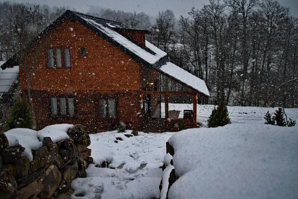una casa con la neve sul tetto di Cabana Codrii Maramuresului a Giuleşti