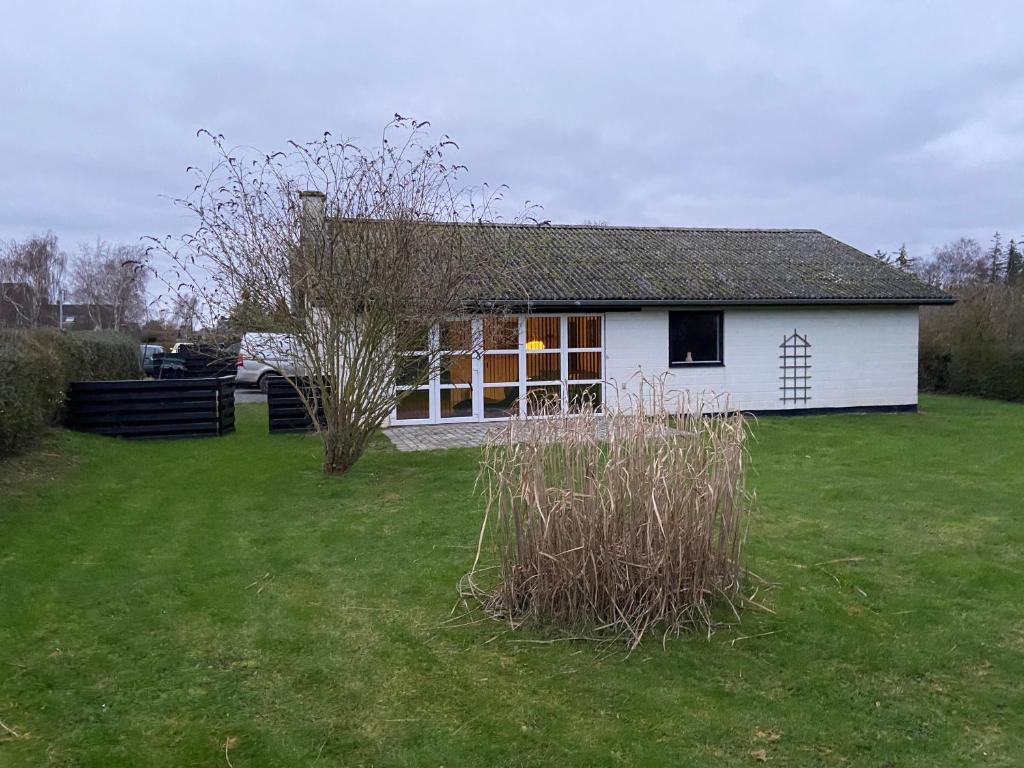 ein kleines weißes Haus auf einem Grasfeld in der Unterkunft Fiskerhuset langø in Nakskov