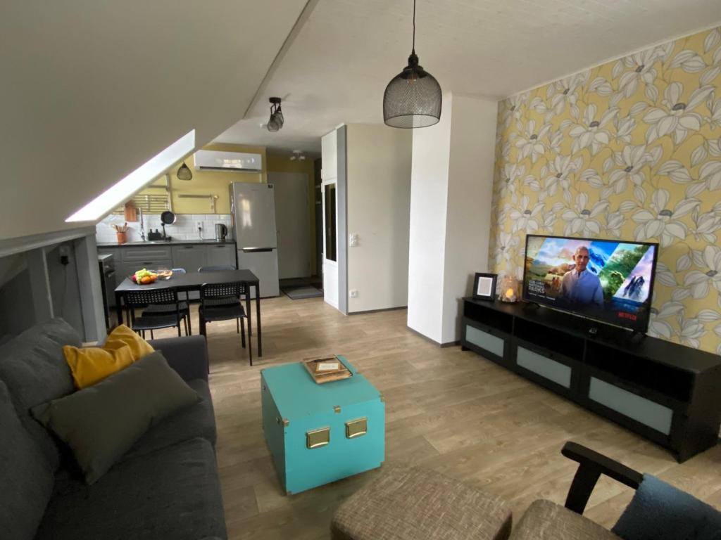 uma sala de estar com um sofá e uma televisão em Penthouse in Kohila em Kohila