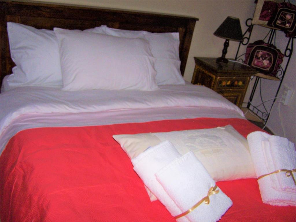 Kastorio-Villy's Guest House في Kastórion: سرير مع وسادتين وكتب عليه