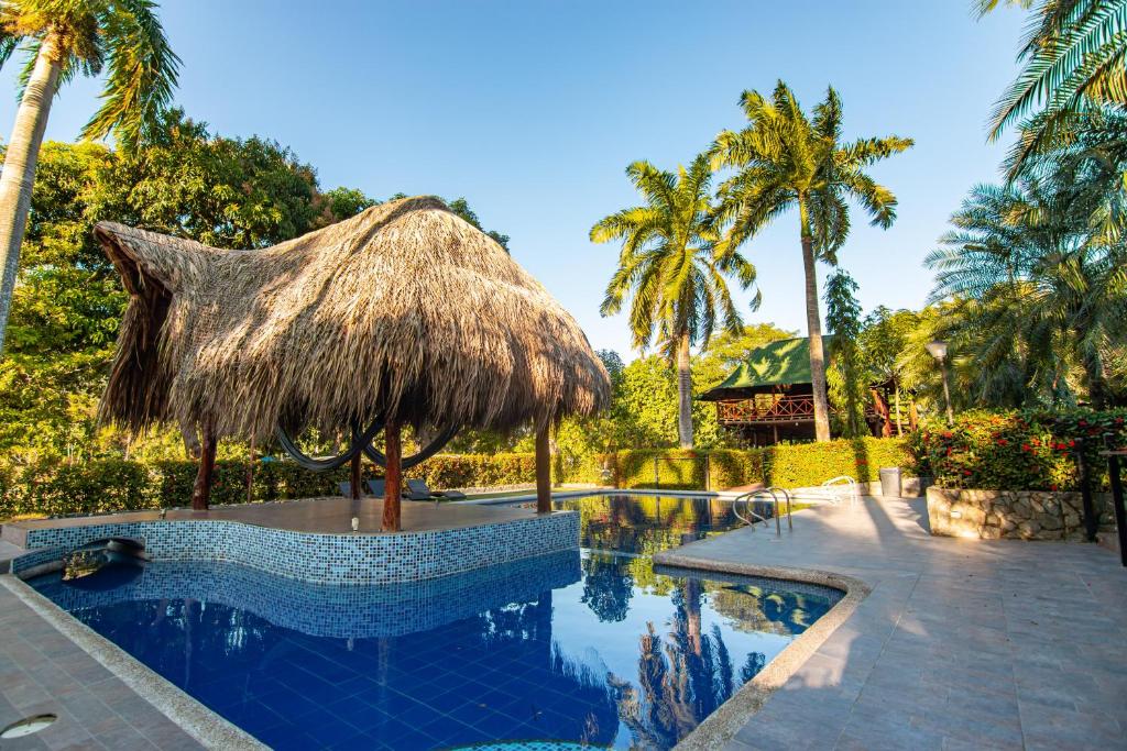 een zwembad van het resort met een rieten parasol en palmbomen bij Portales del Tayrona Garden Hotel in Calabazo