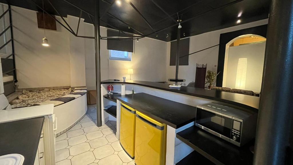 eine Küche mit einer Spüle und einer Mikrowelle in der Unterkunft Haus Luise in Delmenhorst