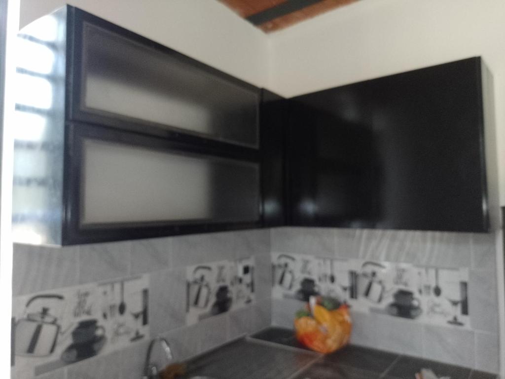 cocina con armarios negros y microondas en casa turística La Alameda, en Carmen de Apicalá