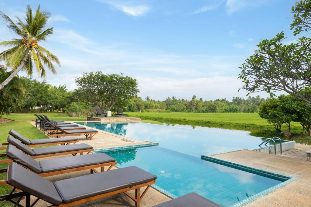 a row of lounge chairs next to a swimming pool at Kithala Resort - Thema Collection in Tissamaharama