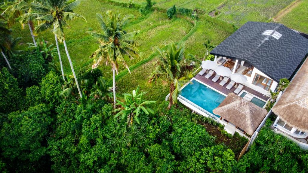 una vista aérea de una casa con piscina en Villa Tchikobo by BaliSuperHost, en Ubud