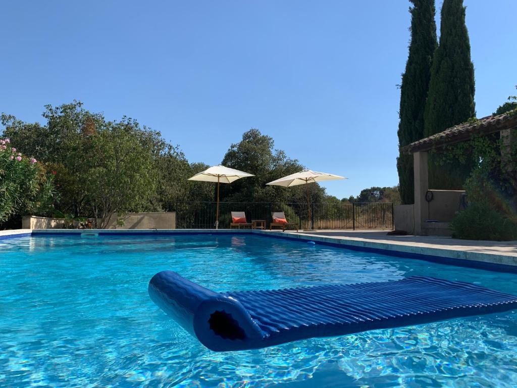 uma piscina com uma jangada na água em Le Domaine de l'Aiguille Alpilles, Eygalières, Saint Rémy de Provence em Orgon