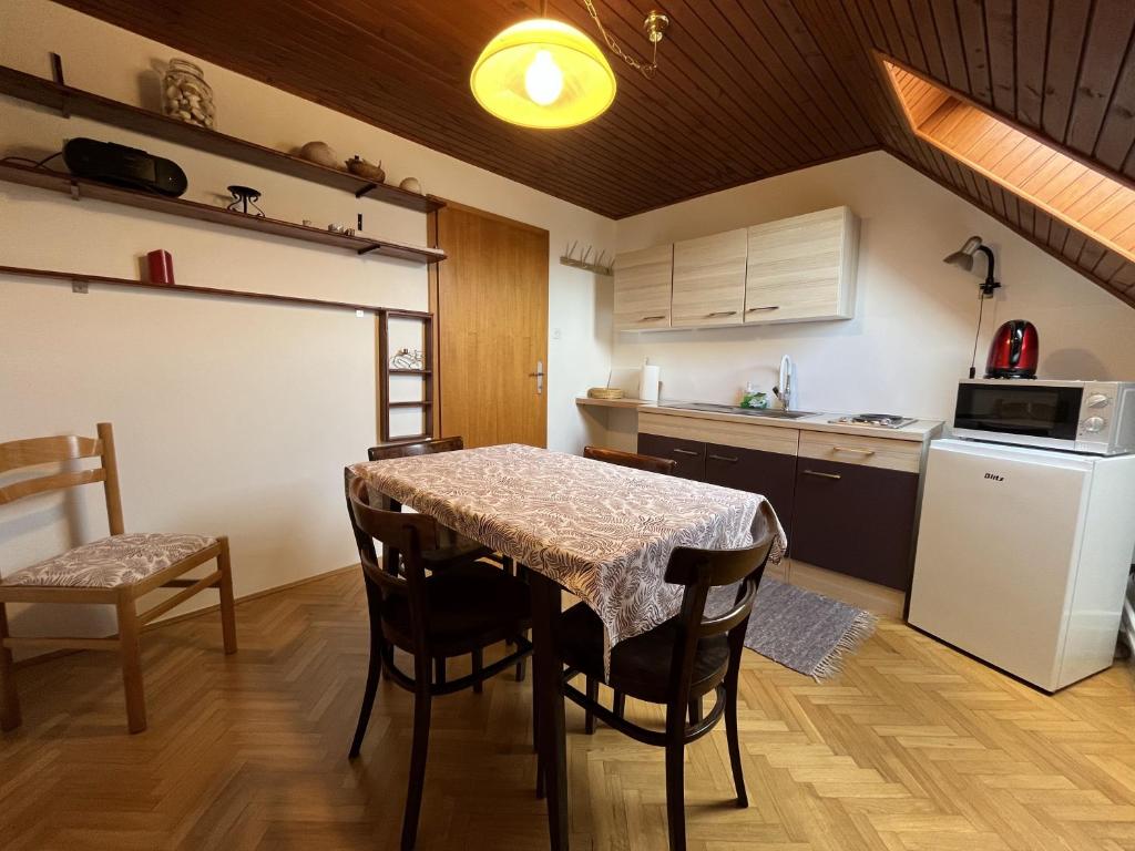 kuchnia ze stołem, krzesłami i lodówką w obiekcie Cozzy apartment in nature w Zagrzebiu