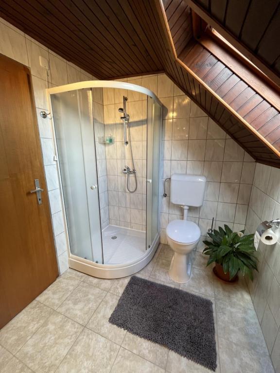 łazienka z prysznicem i toaletą w obiekcie Cozzy apartment in nature w Zagrzebiu