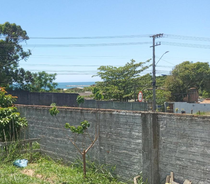 Una pared de ladrillo con un pequeño árbol delante. en Casa 3 quartos próxima as praias até 8 hóspedes., en Imbituba