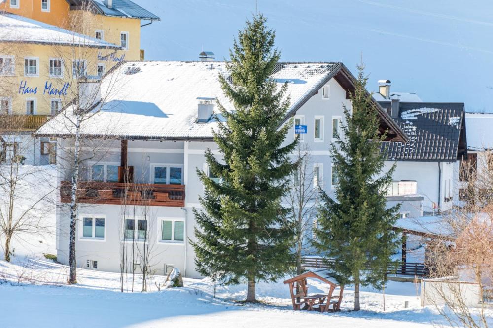 ein weißes Gebäude mit zwei Pinien im Schnee in der Unterkunft Alpeneer in Lackenhof