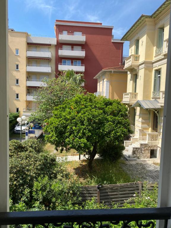 uma vista a partir de uma varanda de um edifício e de uma árvore em Charmant 2p proche mer et plage au calme em Menton