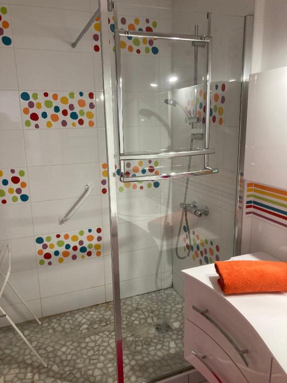 W łazience znajduje się prysznic ze szklanymi drzwiami. w obiekcie Appartement proche des halles w mieście Narbona