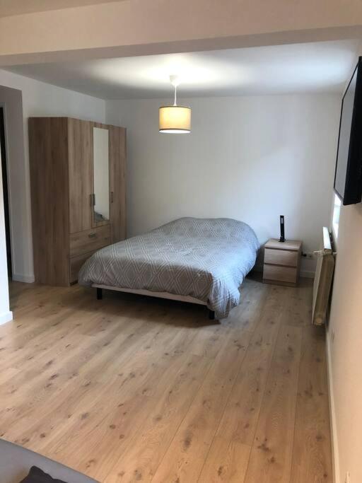 una camera con letto e pavimento in legno di Appartement moderne & lumineux 40m2 Centre Luxeuil a Luxeuil-les-Bains