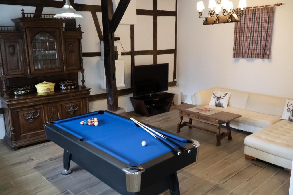 a living room with a pool table in it at A la ferme in Kurtzenhouse