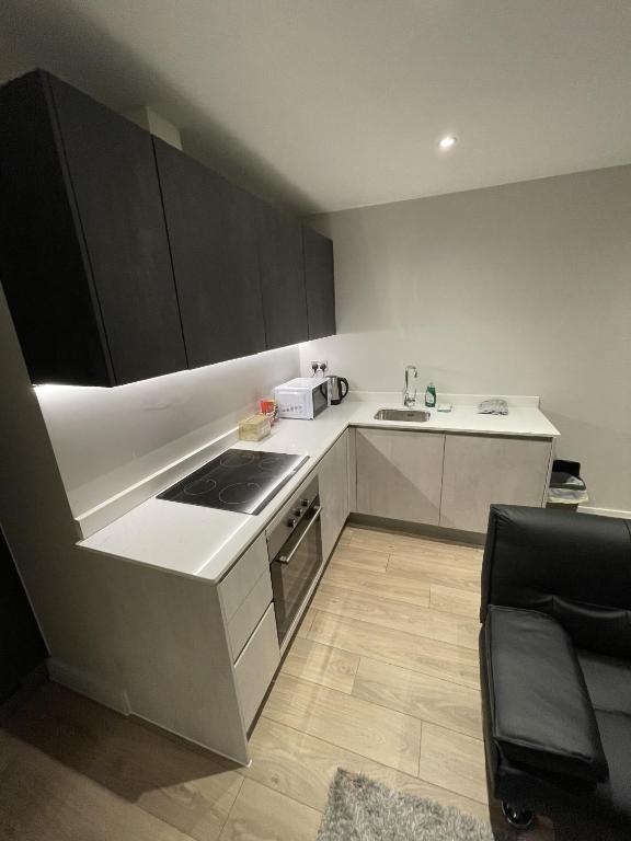 una pequeña cocina con fregadero y microondas en Whole apartment in Harrow Town centre en Harrow