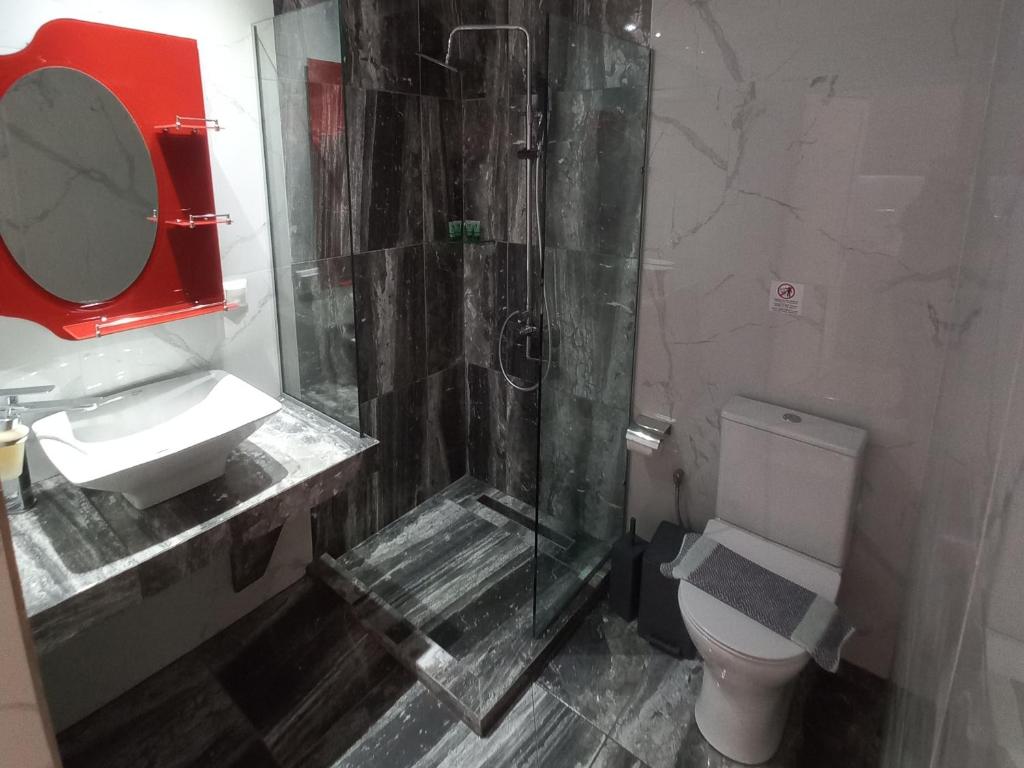 a bathroom with a shower and a toilet and a sink at House Blerina in Sarti