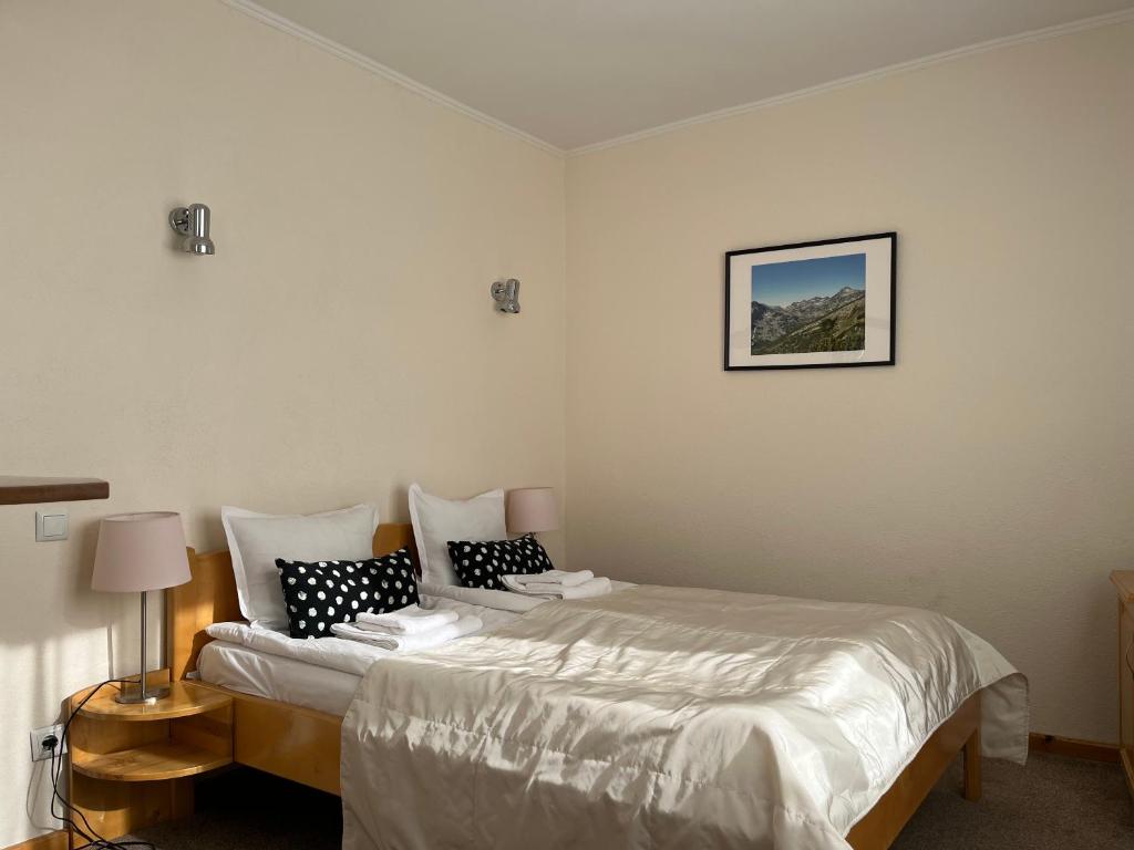 1 dormitorio con 1 cama y una foto en la pared en Horizont Dobrinishte en Dobrinishte