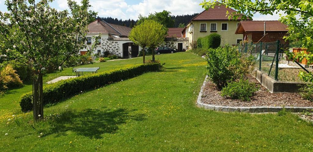 a yard with trees and a house and a house at Biohof Obereibensteiner in Kaltenberg