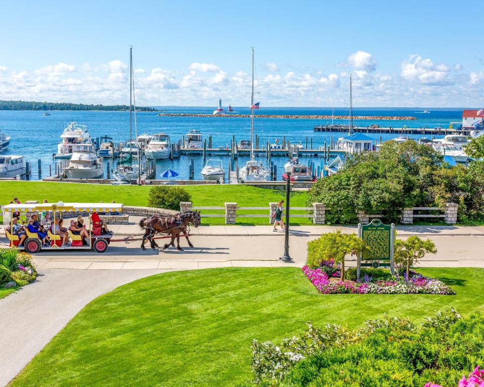 a horse drawn carriage in a park next to a marina at Island House Hotel in Mackinac Island